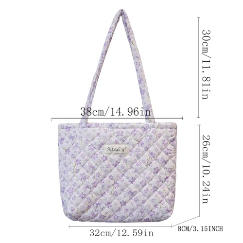 Image of Floral Quilted Cotton Shoulder Bag for Women Daily Use Medium Size Handbag Large Capacity Thickened Design Tote