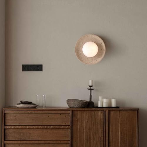 ZHUXMF Retro Natural Stone Wall Sconces Round Travertine Wall Sconce G4 Base Marble Wall Lights Vintage Japanese Wabi Sabi Style Glass Wall Light for Bedroom Bedside Living Room Vanity(25CM) by ZHUXMF - Used condition - Image 6
