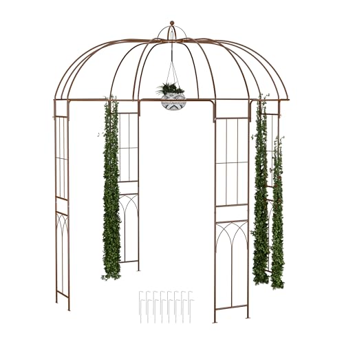 Relaxdays Rosenpavillon Metall, HBT 269 x 211 x 211 cm, Rankhilfe Kletterpflanzen, Garten, Rankpavillon mit Haken, braun