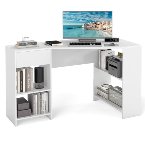 COSTWAY Scrivania ad Angolo per Computer 120 x 60 cm, Scrivania a Forma di L con Ripiani e Cassetto, Scrivania Angolare Gaming Salvaspazio per Ufficio, Studio e Cameretta, Bianco