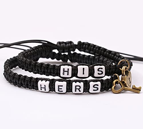 Image of AKOAK 2 Pcs HIS HERS Couple Braided Bracelet Padlock Key Pendant Hand Braided Lanyard Valentine's Day Gift Jewelry