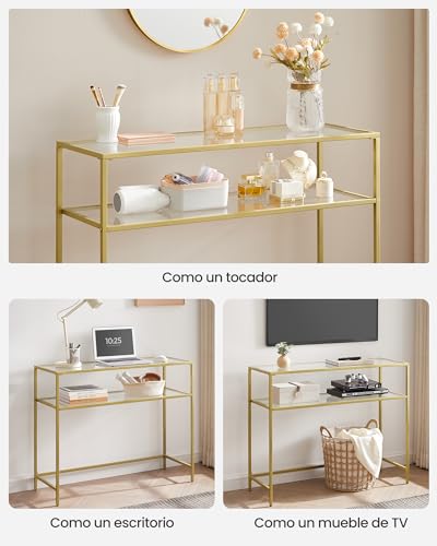 Miniatura 7 de Vasagle Mesa De Consola, Mesa De Entrada, Extremo Del Sofá, Tablero De Vidrio Templado, Marco De Metal, Patas Ajustables, Para Salón, Entrada, Pasillo, Dorado Y Transparente Lgt025a01