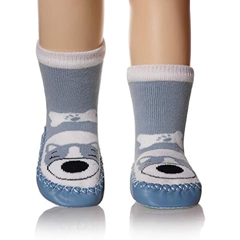Eocom Baby Boy Girls Toddlers Moccasins Non-Skid Indoor Slipper Winter Warm Shoes Socks - Blue - 18-24 Months Cover