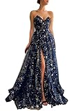 UZN Strapless Sparkle Starry Tulle Prom Dresses Long Split V-Neck A-Line with Pockets Sleeveless Formal Evening Party Gowns Navy Blue US14
