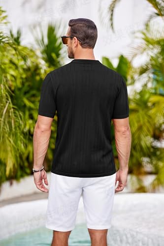 COOFANDY Mens Knit Button Down Shirts Crochet Polo Shirts Vintage Short Sleeve Textured Shirts Summer Beach Tops3