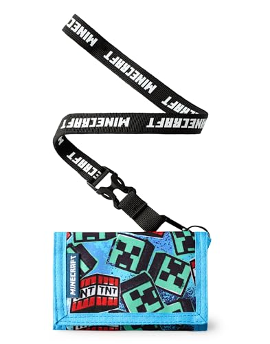 Minecraft Boys Strap Wallet | Kids Blue Trifold Wallet with TNT Block and Creeper Graffiti Print | Childrens Cash Holder