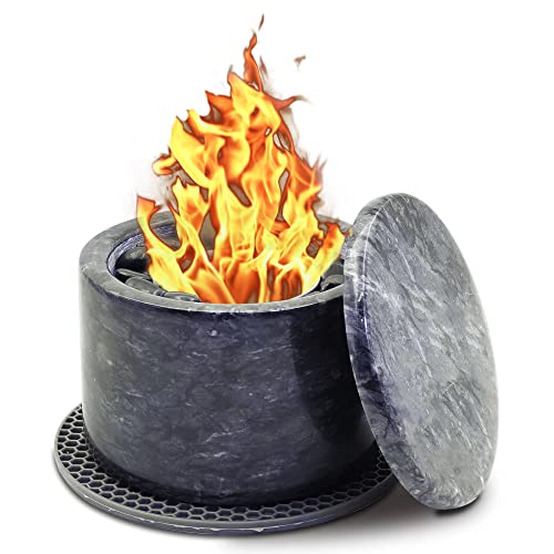 Royxen Tabletop Fire Pit with Lid and Mat, Rubbing Alcohol Fireplace Indoor Outdoor Fire Bowl with Decorative Stones, Gray
