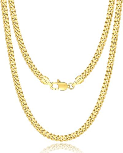 Solid 18k Gold 925 Sterling Silver Plated Chain Necklace for Men Boys Women, 4mm Diamond Cut Cuban Link Chain Men, Sturdy & Comfortable & Shiny Italian Men's Gold Chain 16 18 20 22 24 26 Inch