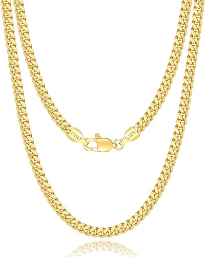 Eterjew Solid 18k Gold 925 Sterling Silver Plated Chain Necklace for Men Boys Women, 4mm Diamond Cut Cuban Link Chain Men, Sturdy & Comfortable & Shiny Italian Men's Gold Chain 16 18 20 22 24 26 Inch