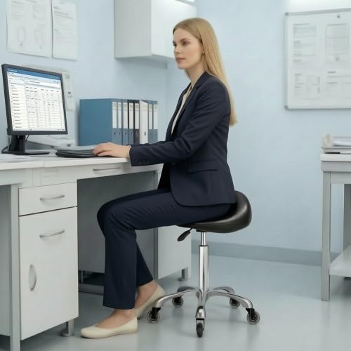 Image of Saddle Stool Chair with Wheels, Ergonomic Thicker Saddle Seat Design for Healthy Sitting Posture, PU Leather, Rolling Saddle Stool with Silent Rubber Wheels Adjustable for Salon Massage Home, Black