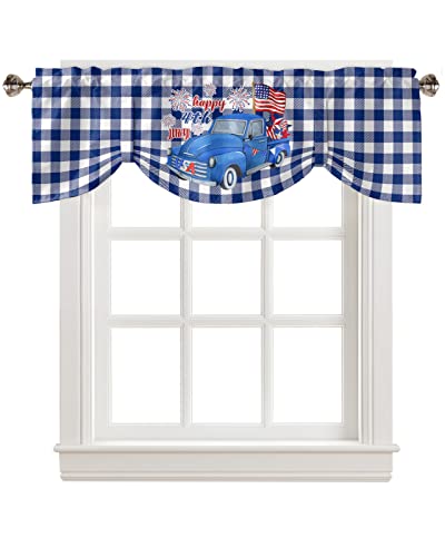 Tie Up Valance For Kitchen,4Th Of July Blue Truck Plaid Us Flag Stars Window Valances Rod Pocket Short Curtains,Adjustable Tie-Up Shade Valance,Car Fireworks Window Treatment For Bedroom 42X12In #TOP1