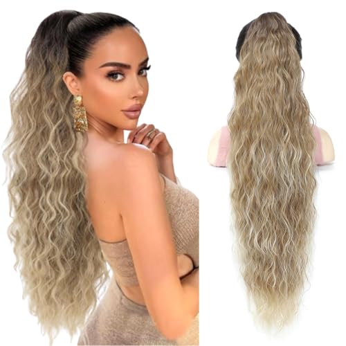 Ponytail Extension 30Inch Claw Clip Hair Extensions Natural Fluffy Synthetic Long Wavy Clip in Ponytail Extensions for Women(Ombre Brown Mix Blonde)
