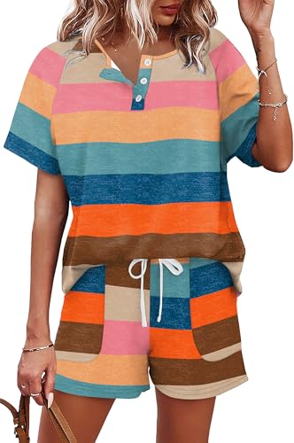 Image of WIHOLL Two Piece Outfits for Women Lounge Sets Button Down Top and Shorts Set Sweatsuits with Pockets