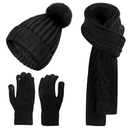Winter Beanie Hat Scarf Gloves Set for Women Knit Touchscreen Gloves with Warm Pom Pom Satin Lined Hat Long Knit Scarf 3 In 1