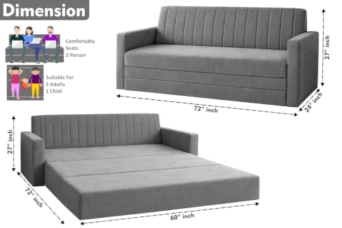 Image of Sofa-Cum-Bed | Three Seater Couch with Armrest Sofa | Modern Velvet Fabric Sofa for Living Room, Bedroom & Office Grey
