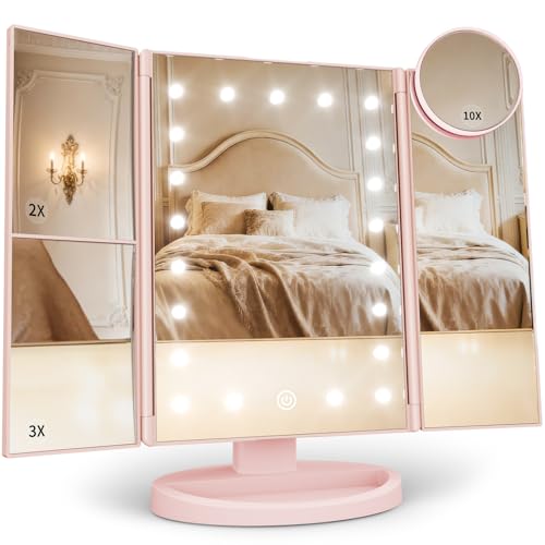 HUONUL 2X/3X/10X Magnifying Vanity Mirror with Light, Trifold Makeup Mirror
