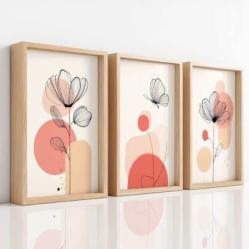 Lienzos botánicos minimalistas abstractos de rosa y coral para oficina