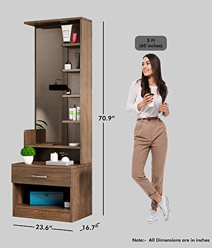 Image of Bniture Wooden Dressing Table for Bedroom with 1 Drawer, Mirror and Huge Storage Space | Long Dresser Vanity Table with Mirror (42D x 60W x 180H CM) | 1 Year Warranty (Flower Wenge, HXDR102)