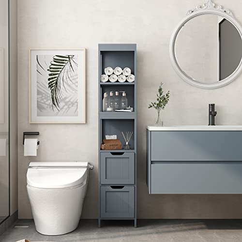 Homefort Bathroom Storage Cabinet, Slim Tall Cabinet, Narrow Floor Cabinet Organizer, Wooden Linen Tower With 2 Drawers And 3 Shelves, Freestanding Storage Cupboard (Grey) #TOP1