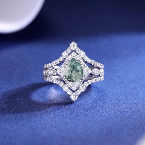 3PCS Natural Moss Agate Wedding Ring Set for Women with Moissanite 1CT Center Pear Cut Natural Moss Agate Ring Set 925 Sterling Silver 10K 14K 18K Gold3
