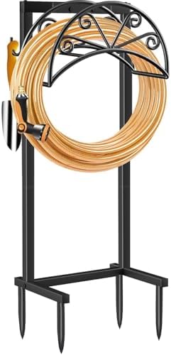 TomCare Garden Hose Holder Heavy Duty Water Hose Holder Holds 160 FT Hose 4 Spikes Hose Reel with 2 Tool Hooks Freestanding Hose Hanger Sturdy Hose Storage Stand for Outside Yard Lawn, Black