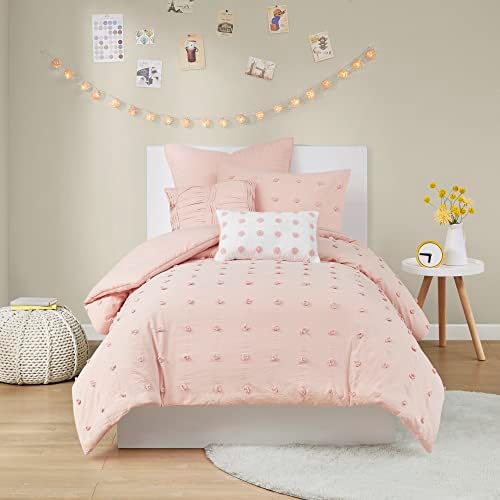 Urban Habitat Duvet Set 100% Cotton Jacquard, Tufts Accent, Shabby Chic All Season Cover for Comforter, Matching Shams, Decorative Pillows, Twin/Twin XL (68 in x 92 in), Pink 5 Piece