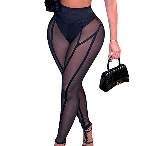 Image of Women's Sexy See Through Sheer Mesh Pants Leggings High Waist Casual Sweatpants Tights