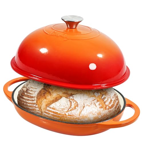 Davivy 6QT Oval Bread Oven with Domed Lid, Enameled Oval Dutch Oven Pot for Sourdough Bread Baking 6QT, Non-stick Cast Iron Sourdough Pan Bread Cloche with Lid - Flame Orange