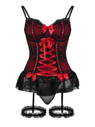 Image of Foxiny Sexy Mesh Corset Ruffle Lace Up Underwire Sheer Garter Belt Babydoll Lingerie Set With Thong 3 Piece Women