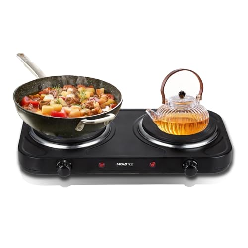 MIOAOTCE Countertop Double Cast Iron Burner 1800 Watts Electric Hot Plate with Adjustable Temperature 6.1' Cooktop for Dorm, Office, Home, Camp, Compatible for All Cookwares
