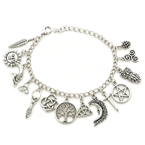 Vintage Witchy Charm Bracelet for Women, Celtic Tree of Life Triquetra Pentacle Moon Sun Owl Feather Multi Charms Chain Bracelet, Wiccan Pagan Spiritual Amulet Jewelry Gothic Witch Gift