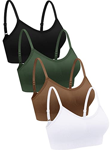 Geyoga 4 Pieces Neck Bralettes Wireless Cami Bra Tank Top Sports Bra for Women Girls(Large,Black, Light Brown, Dark Green, White), Black, Light Brown, Dark Green, White