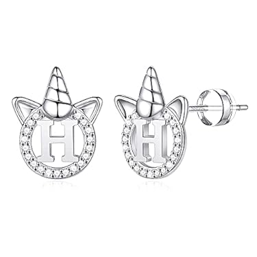 AMAZON - Unicorns Gifts for Girls Stud Earrings, S925 Sterling Silver Post White Gold CZ Unicorn Girls Earrings Alphabet Letter H Initial Stud Earrings for Girls Teen Girls Unicorn Gifts for Girls