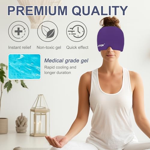 Image of EXQUISLIFE Migraine Headache Relief Cap, Gel Ice Head Wrap, Hot and Cold Therapy, Headache Eyes Mask for Sinus, Puffy Eyes, Tension and Stress Relief (Purple)