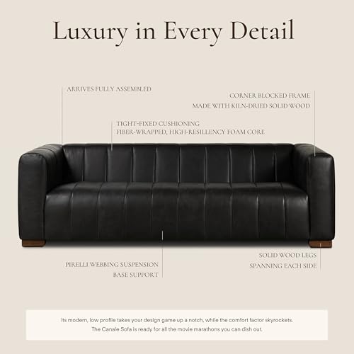 Image of Poly & Bark Canale 86 inch Sofa - Onyx Black Italian Leather, Channel-Tufted, Semi-Aniline Upholstery, Solid Wood Frame & Legs