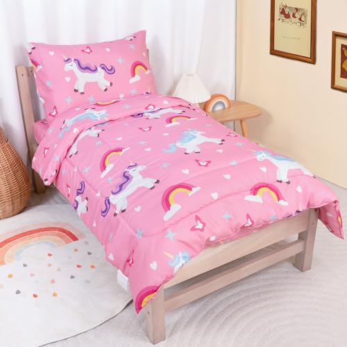 Image of TinyPalsa Toddler Bedding Set, 4-Piece Pink Rainbow Pony Comforter Set for Girls and Boys, Breathable Crib Bedding Includes Ultra-Soft Quilt, Flat & Fitted Sheets, Pillowcase