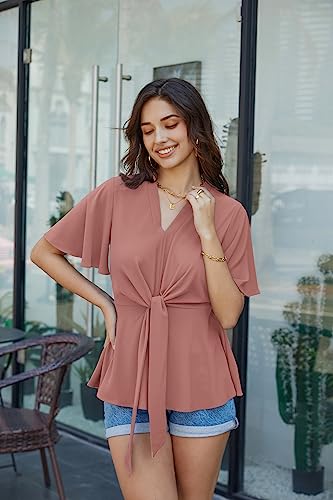 Image of GRACE KARIN Women's Elegant V-Neck Tie Waist Flowy Peplum Shirt Tops