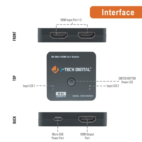 J-Tech Digital 8K HDMI 2.1 Mini Switch 2 in 1 Out 48Gbps 8K 60Hz 4K 120Hz HDR / HDR10 HDMI Switcher for Xbox PS5 BluRay with Auto Switch [JTECH-8KSW21] - Thumbnail 2