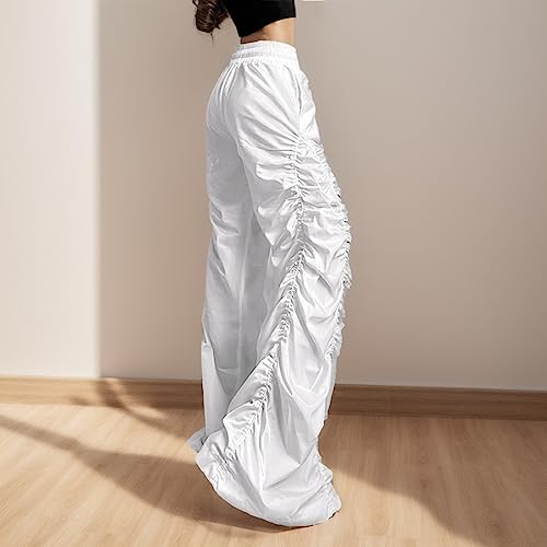 Womens Casual Solid Color Cargo Pants Loose Elastic Belt Waist Pants Long Trousers Fashion Pleated Desigh (White, S)4