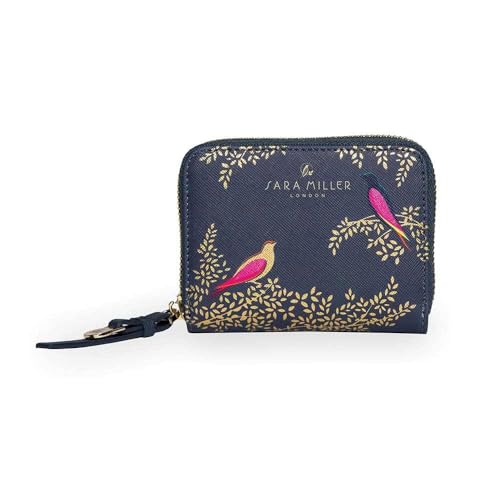 Sara Miller London Zip Around Wallet Womens Purse Clutch Coin Pocket and Card Holder Faux Leather Small Smoky Blue Birds