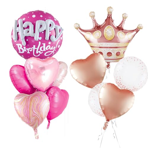 Image of Rose Gold Crown Mylar Balloons And Pink Birthday Large Round Mylar Balloons Set For Birthday Decorations For Women