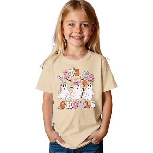 Kids Girls Halloween Shirt Lets Go Ghouls T-Shirt Cute Ghost Graphic Tee Floral Bats Print Spooky Season Tops