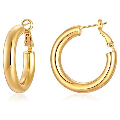 Thick Gold Hoop Earrings for Women 14K Gold Plated Chunky Hoops Hypoallergenic Lightweight Hollow Tube Earrings 30mm Cover
