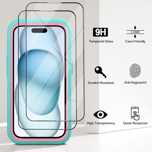 PQC for iPhone 15 Case with 2 Pack Screen Protector - Heavy Duty Shockproof Military Grade Drop Protective Full Body Rugged Dust-Proof Cover(AquamarinePink) by PQC - Used condition - Image 5
