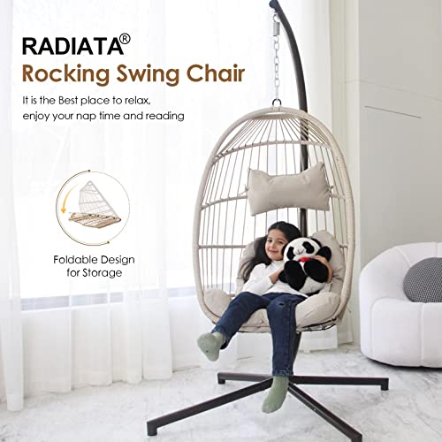 Radiata Foldable Wicker Rattan Hanging Egg Chair With Stand, Swing Chair With Cushion And Pillow, Lounging Chair For Indoor Outdoor Bedroom Patio Garden (Beige With Stand) #TOP4