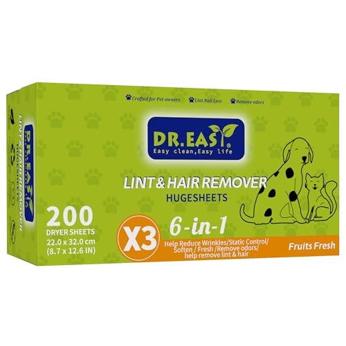 Dr.Easy HUGE乾燥機用柔軟剤シートフルーツフレッシュ 糸くずや毛取り しわを防ぐ 柔軟効果 フレッシュ 静電気防止 3倍効果 200枚入り 植物由来成分 大きさ 特大サイズシート