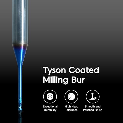 Image of Tyson-Coated Milling Bur 1mm - Compatible with Redon CAD /CAM Systems for Titanium, Cobalt-Chrome, 4mm Shank, 2-Flute, Ball-Type Carbide Endmill