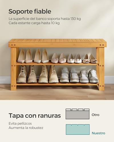 Miniatura 5 de Songmics Banco Zapatero, Organizador De Zapatos De Bambú De 3 Niveles, Banco De Pasillo, Soporta Hasta 130 Kg, 28,7 X 90 X 45,3 Cm, Para Entrada, Baño, Dormitorio, Natural Lbs90n