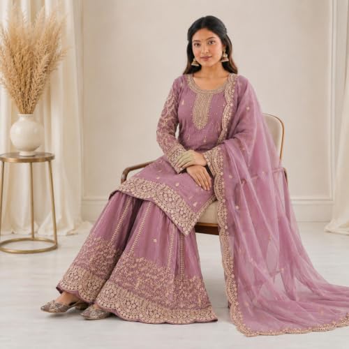 Image of Women's Ethnic Plazzo Suit Set with Kurta & Dupatta | Fendy Fabric Embroidered Kurta Set | Round Neck 3 /4 Sleeve Dress | Elegant Outfit