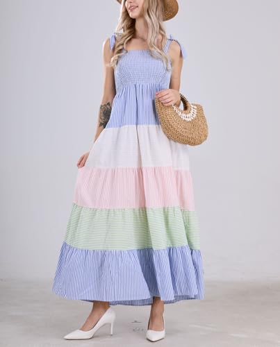 Image of chouyatou Women's Color Block Striped Smocked Maxi Dress Sexy Spaghetti Strap Tiered Flowy Beach Maxi Dress